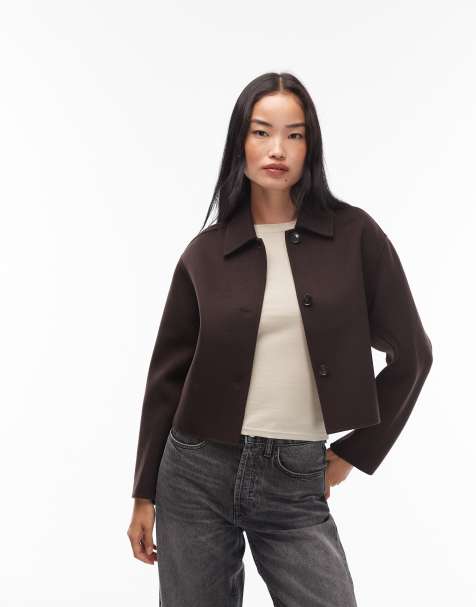 ARKET wool double layer cropped shacket in brown - view 1