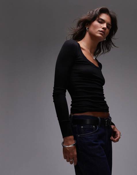 ARKET wool fitted top with long sleeves and scoop neck in black - view 1