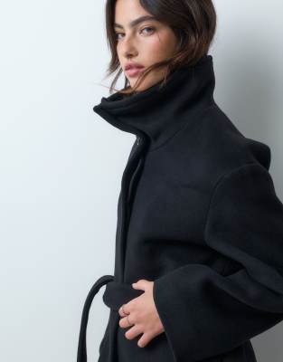 Arket Wool Funnel Neck Long Coat In Black