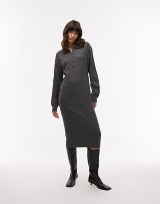 wool knit midaxi dress with deep placket polo collar in dark gray