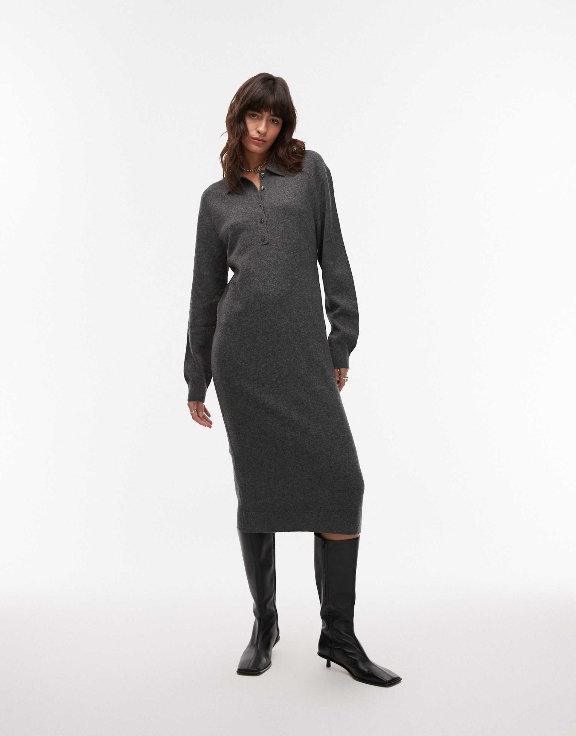 arket wool knit midaxi dress with deep placket polo collar in dark gray