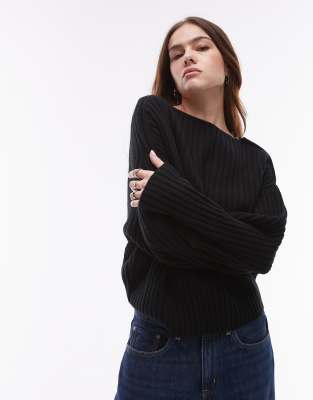 wool knit sweater with asymmetric off-shoulder in black