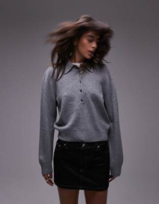Arket Wool Knit Sweater With Deep Placket Polo Collar In Gray Melange
