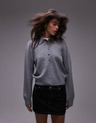 wool knit sweater with deep placket polo collar in gray melange