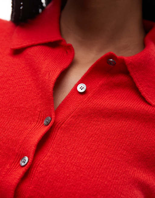 ARKET wool knit sweater with deep placket polo collar in red, 3 of 4