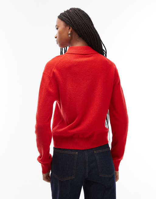 ARKET wool knit sweater with deep placket polo collar in red, 4 of 4