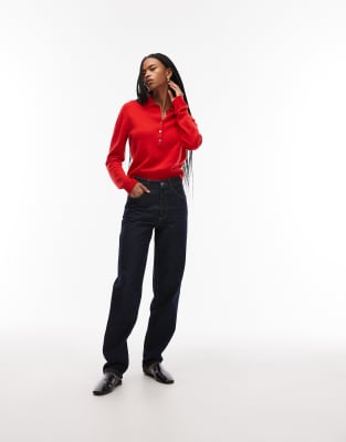 Arket Wool Knit Sweater With Deep Placket Polo Collar In Red