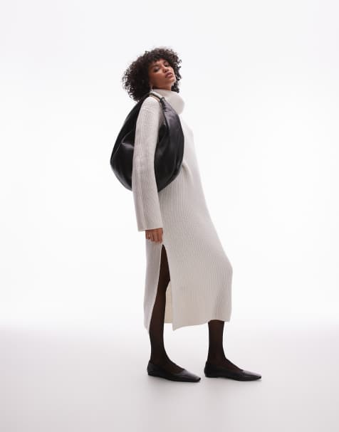 ARKET wool knitted midaxi dress with cowl funnel neck in off white - view 1