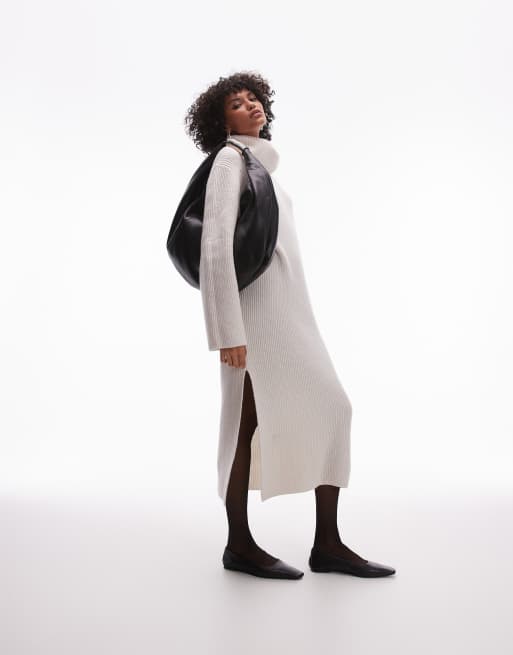 ARKET wool knitted midaxi dress with cowl funnel neck in off white