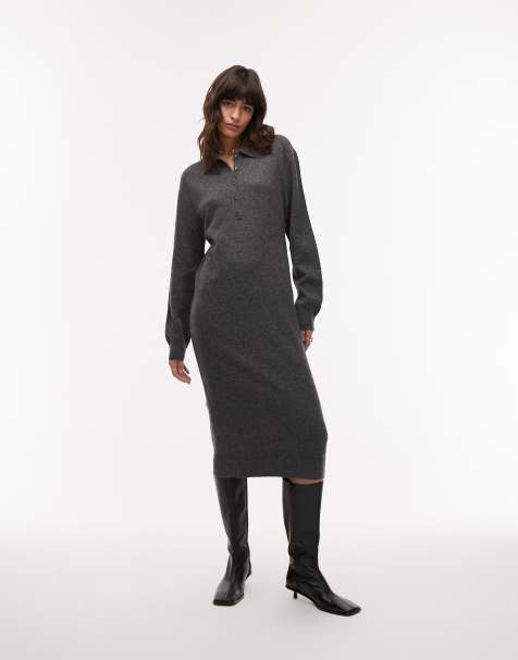 ARKET wool knitted midaxi dress with deep placket polo collar in dark grey - view 1