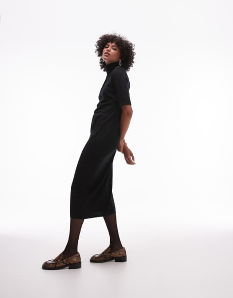 ARKET wool knitted midaxi dress with high neck and  short sleeves in black - view 1