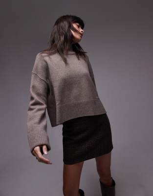 Arket ARKET wool knitted rib funnel neck sweater with split back neck and turn up cuffs in dark beige-Neutral
