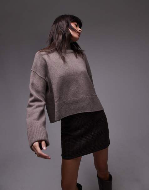 ARKET wool knitted rib funnel neck sweater with split back neck and turn up cuffs in dark beige - view 1