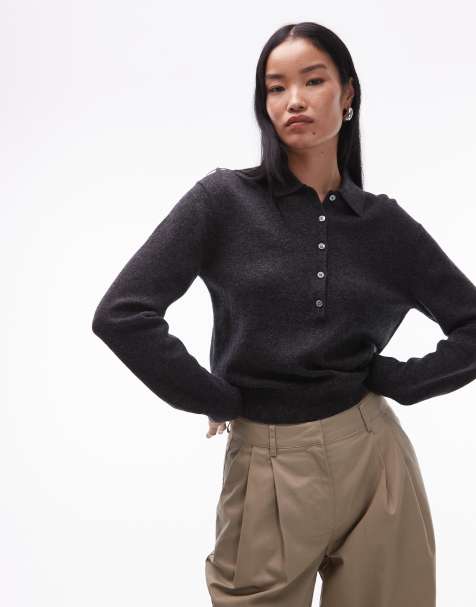 ARKET wool knitted sweater with deep placket polo collar in dark grey melange
