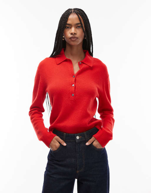 ARKET wool knitted sweater with deep placket polo collar in soft orange