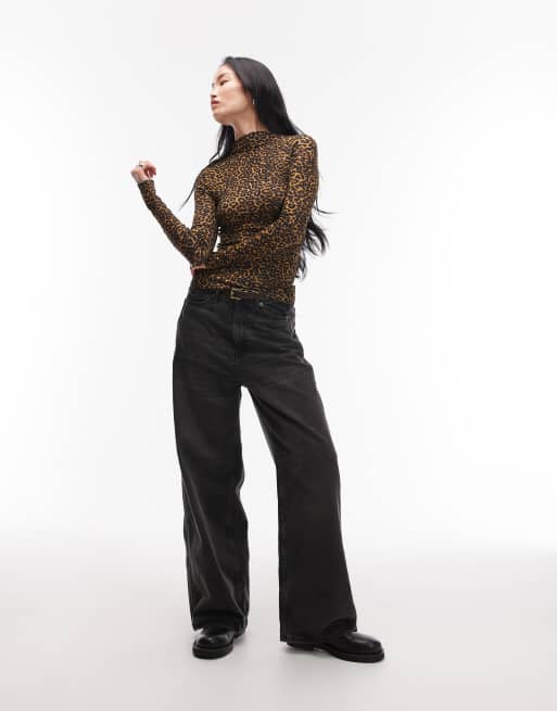 ARKET wool-look knitted semi sheer wide rib mock neck top in leo print, 2 of 4