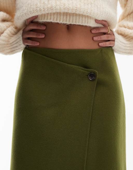ARKET wool look mini skirt with front button wrap detail in moss