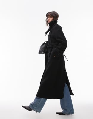 wool maxi belted trench coat with side splits in black