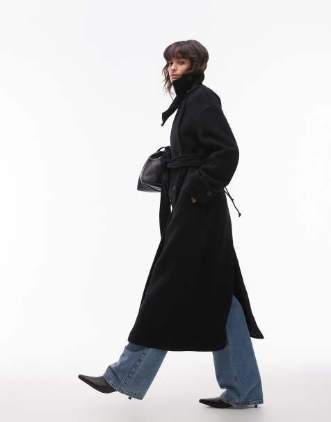 ARKET wool maxi belted trench coat with side splits in black - view 1
