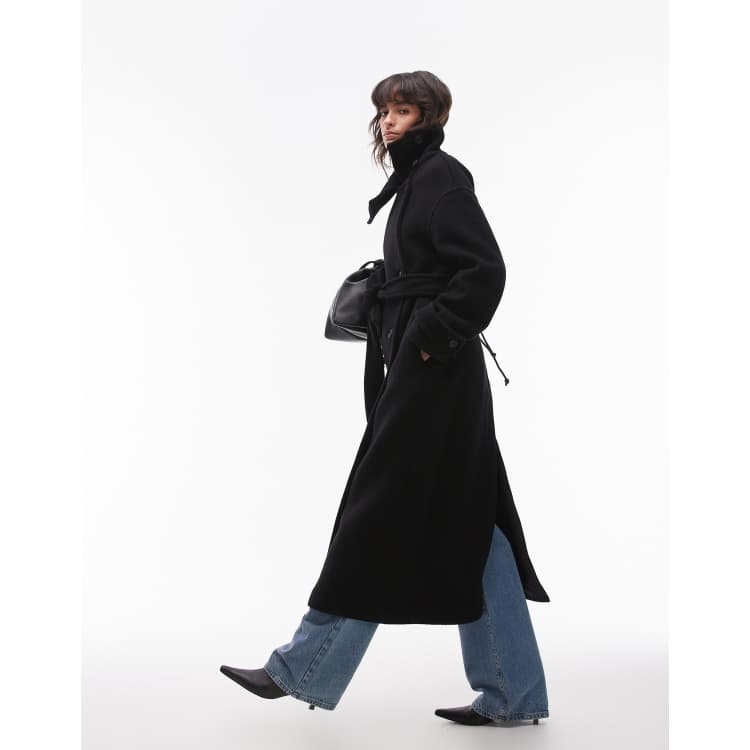 ARKET wool maxi belted trench coat with side splits in black | ASOS