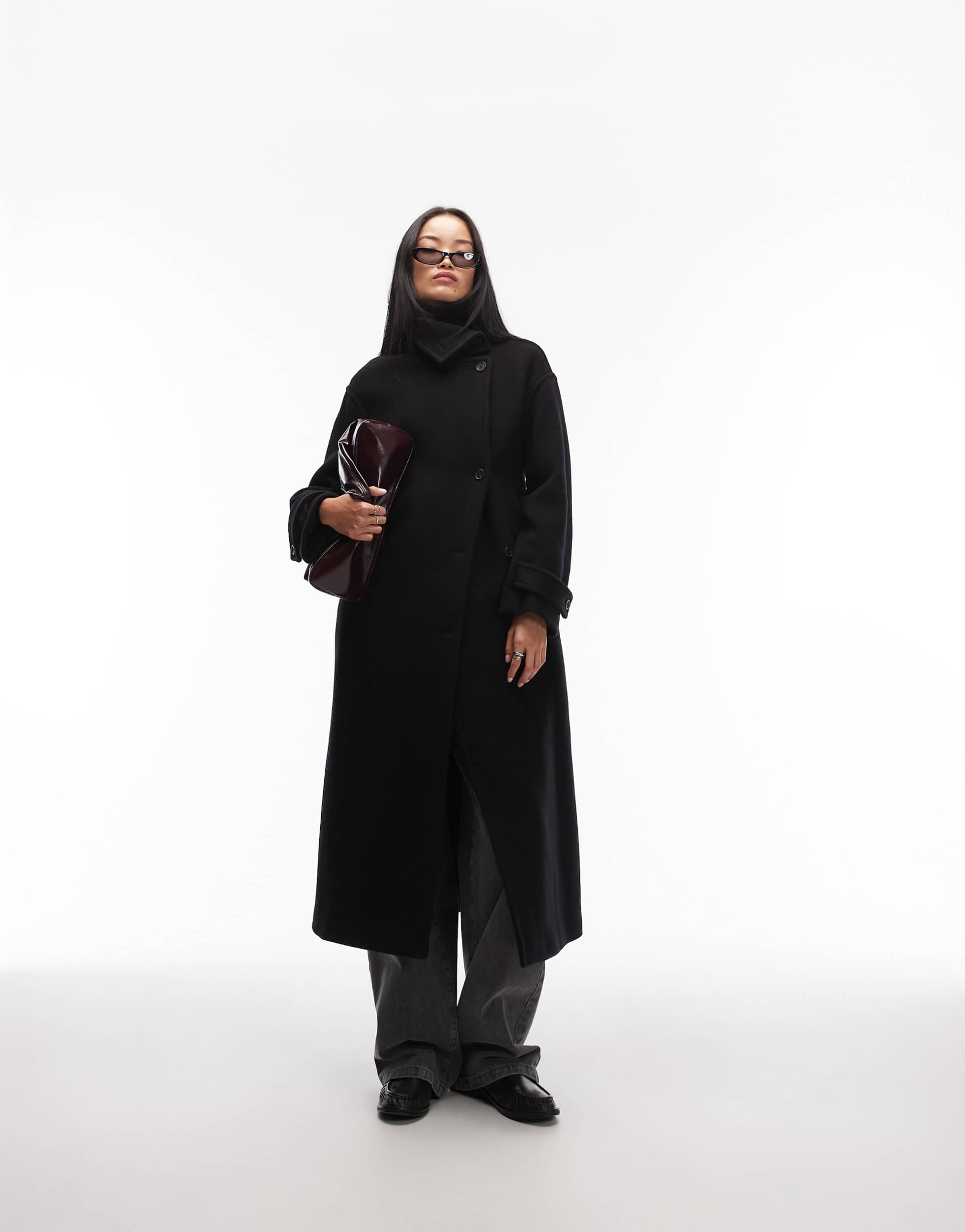 arket wool maxi belted trench coat with side splits in black