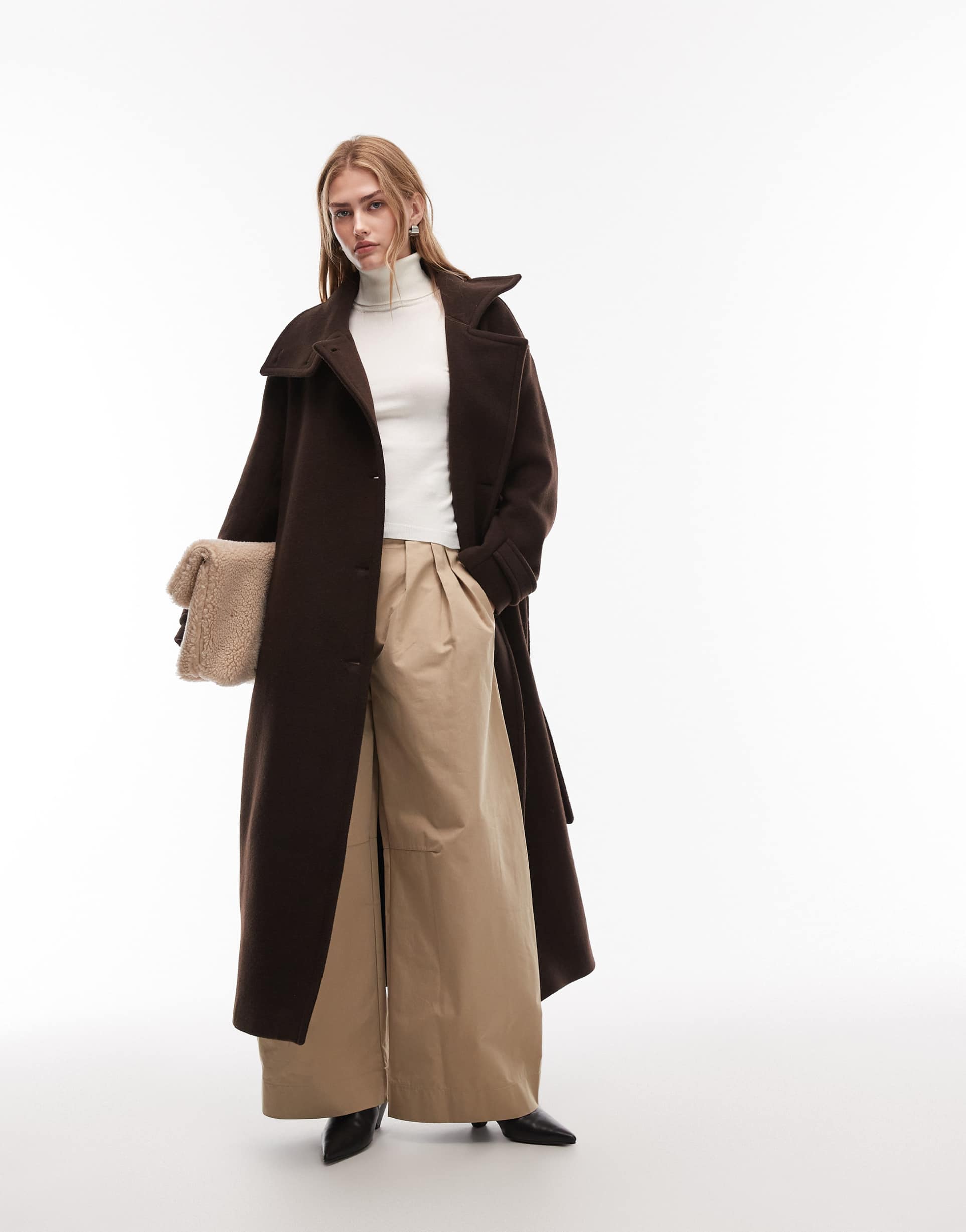 arket wool maxi belted trench coat with side splits in brown