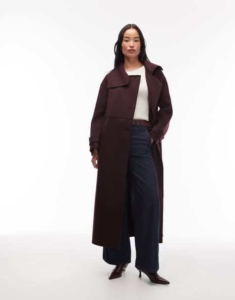 ARKET wool maxi belted trench coat with side splits in burgundy plum - view 1