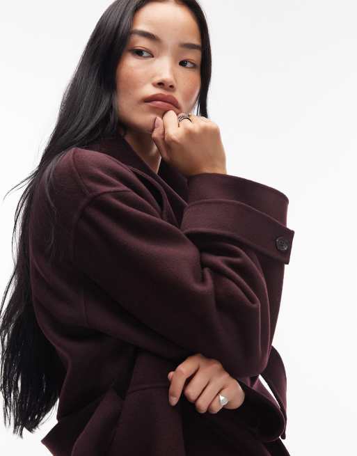 ARKET wool maxi belted trench coat with side splits in burgundy plum