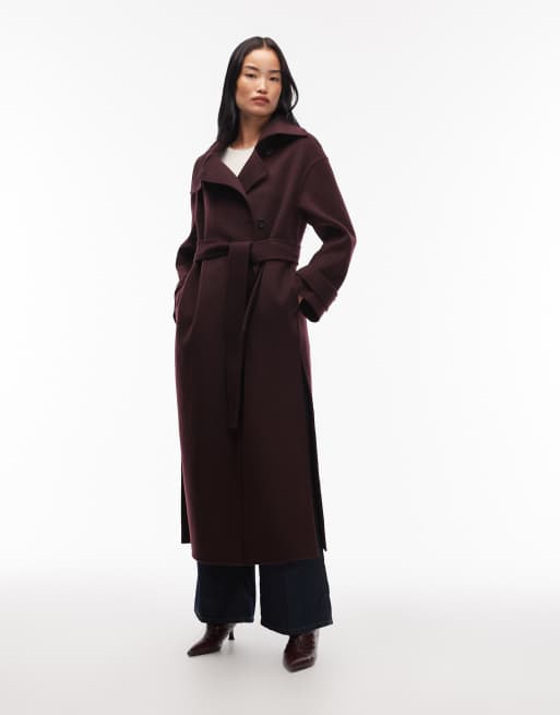 ARKET wool maxi belted trench coat with side splits in burgundy plum