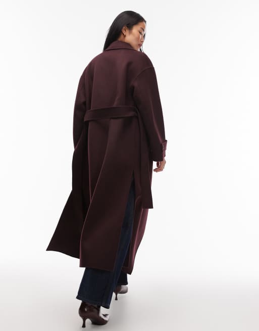 ARKET wool maxi belted trench coat with side splits in burgundy plum