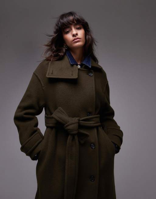 Arket Wool Maxi Belted Trench Coat with Side Splits in khaki Green