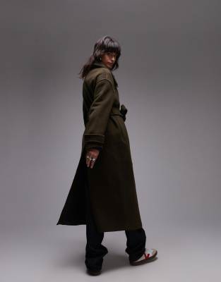 ARKET wool maxi belted trench coat with side splits in Khaki | ASOS