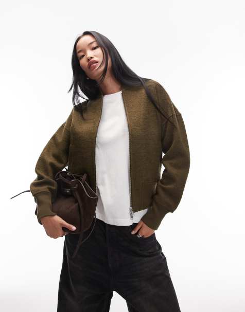 ARKET wool rich bomber jacket with zip front in khaki green - view 1