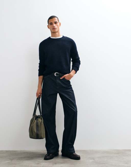 ARKET wool rich boucle crew neck jumper in navy, 2 of 5