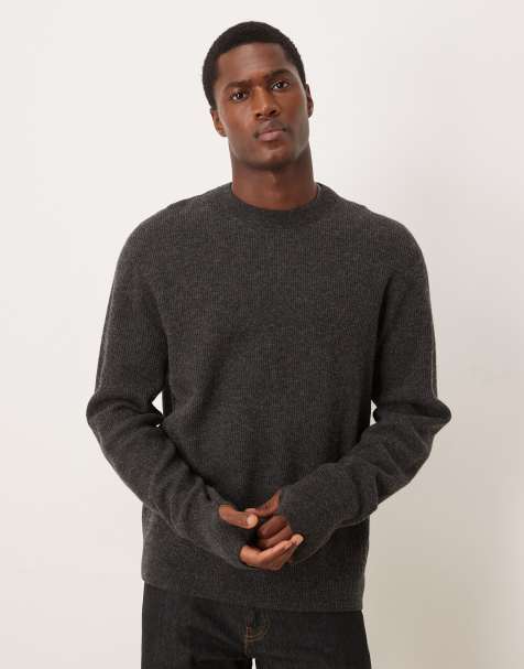 ARKET wool rich crew neck ribbed sweater with wrist gaiters and thumb holes in dark gray - view 1