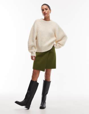 Arket Wool Rich Mini Skirt With Front Button Wrap Detail In Green