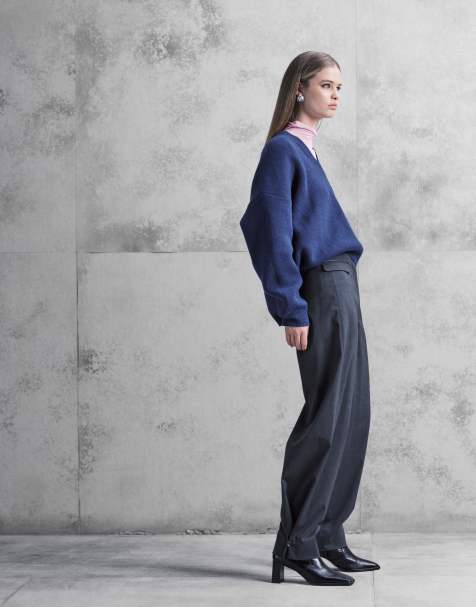 ARKET wool-rich straight fit pants with ankle button closure detail in grey - view 1