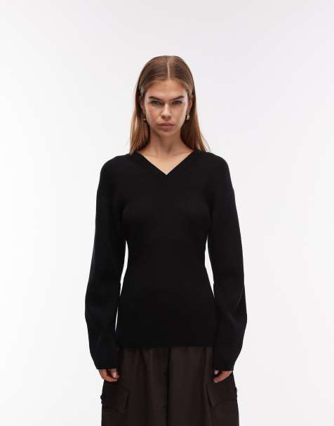 ARKET wool rich v-neck cinched waist jumper in black - view 1