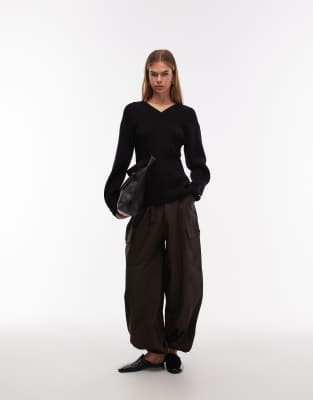 Arket Wool Rich V-neck Cinched Waist Sweater In Black