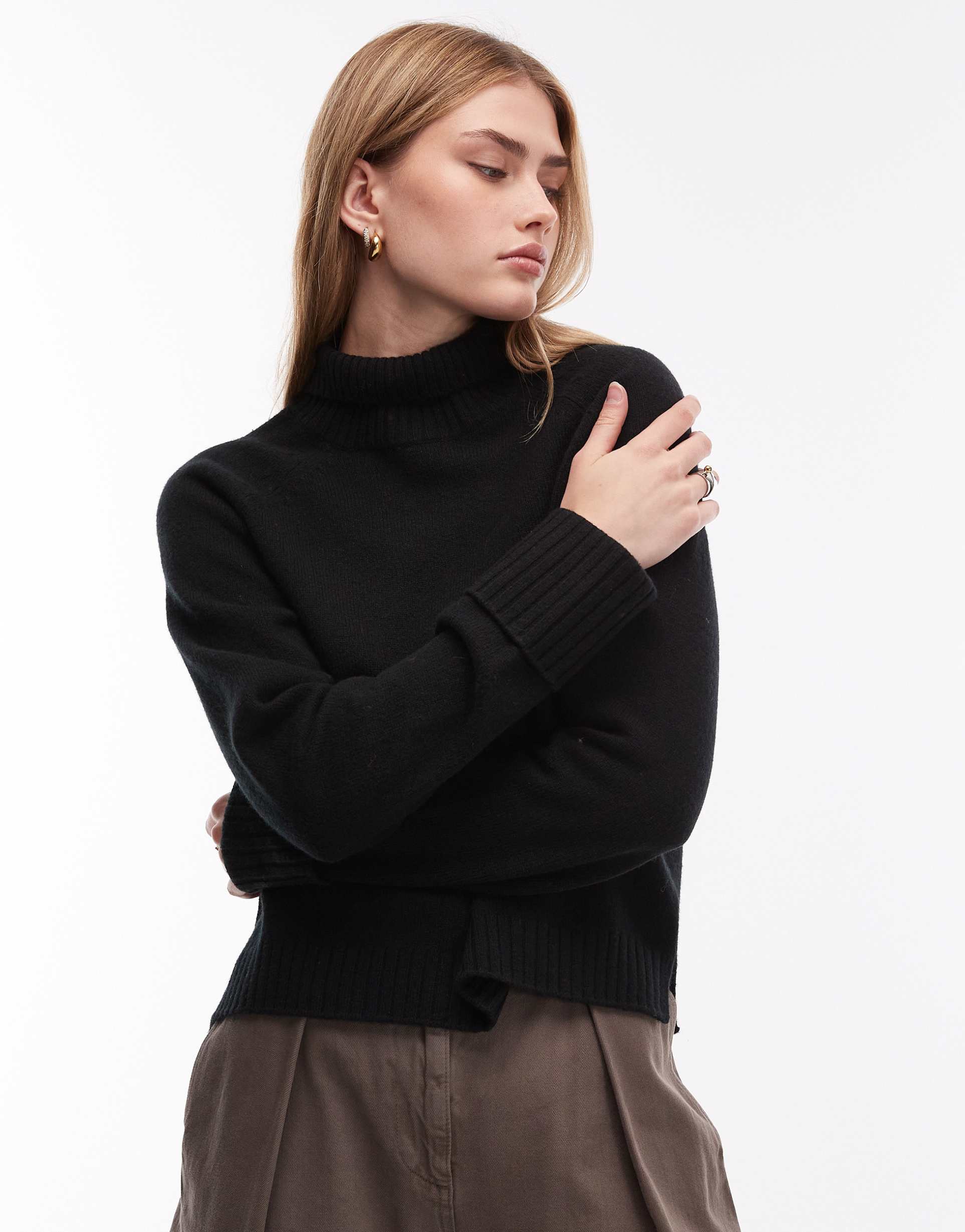 arket wool sweater with high neck and deep cuffs in black
