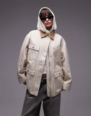 ARKET - Workwear-Barnjacke in Wollweiß mit Utility-Taschen und Kontrastkragen in Oversize-Passform