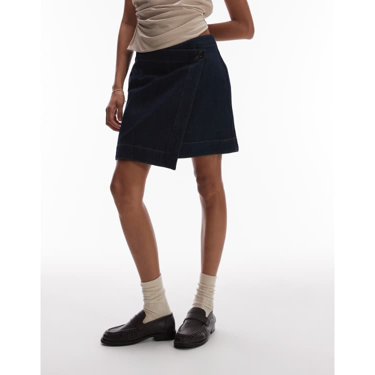 ARKET wrap detail denim mini skirt in dark wash blue | ASOS