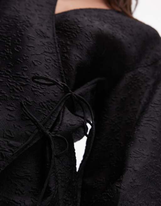 ARKET wrap front brocade blouse with puff sleeves and bow detail in black, 2 of 4