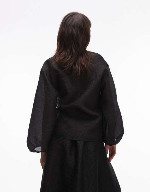 ARKET wrap front brocade blouse with puff sleeves and bow detail in black, 4 of 4