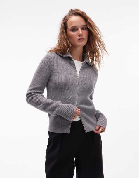 ARKET pure wool zip front cardigan with wide collar in grey melange