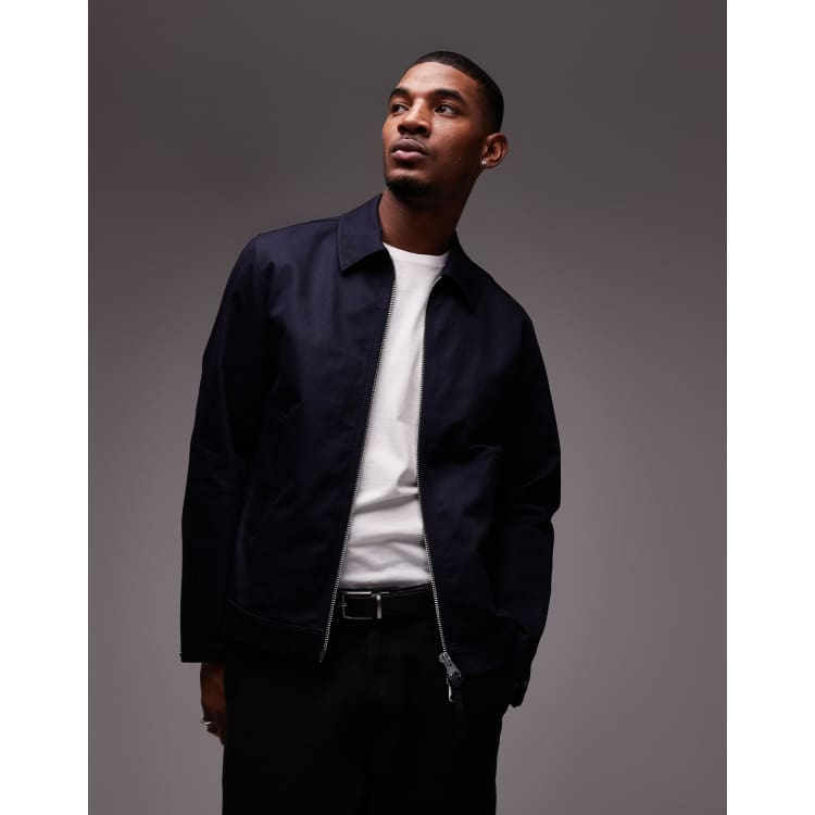 ARKET zip front minimal workwear jacket with collar in navy | ASOS
