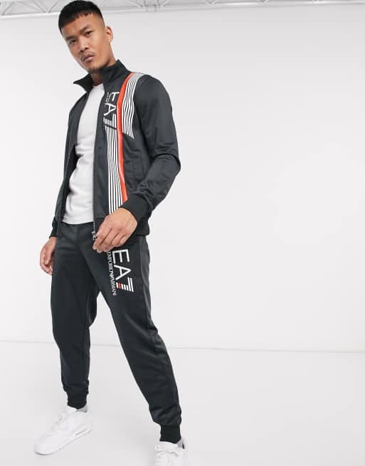 Armani EA7 7 Lines contrast stripe logo tricot tracksuit in black | ASOS