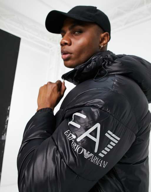 Armani EA7 arm logo parka coat in black