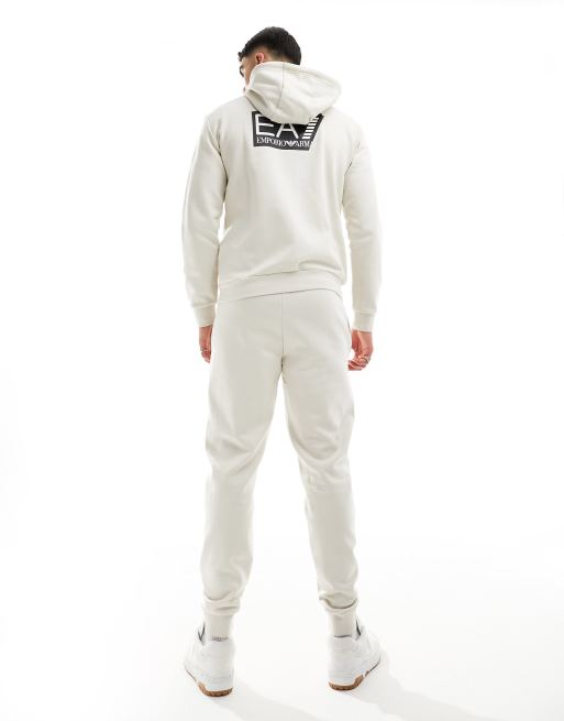 Armani - EA7 - Beige træningssæt med hættetrøje med lynlås og logo foran og bagpå og joggingbukser, 4 af 4