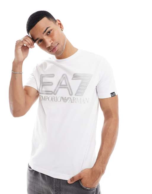 Armani – EA7 – Biały T-shirt z dużym srebrnym logo na klatce piersiowej